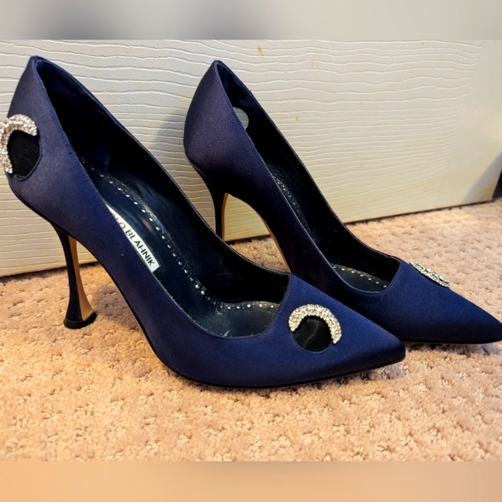 Manolo Blahnik Navy Satin Pointed Toe Crystal Accent Pumps